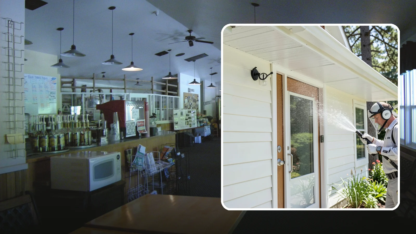 Entrance Canopy Cleaning in Black Diamond, King County, WA - Overhead cleaning of entrance canopies and porte-cocheres that removes algae streaks, cobwebs, and grime from the first thing...