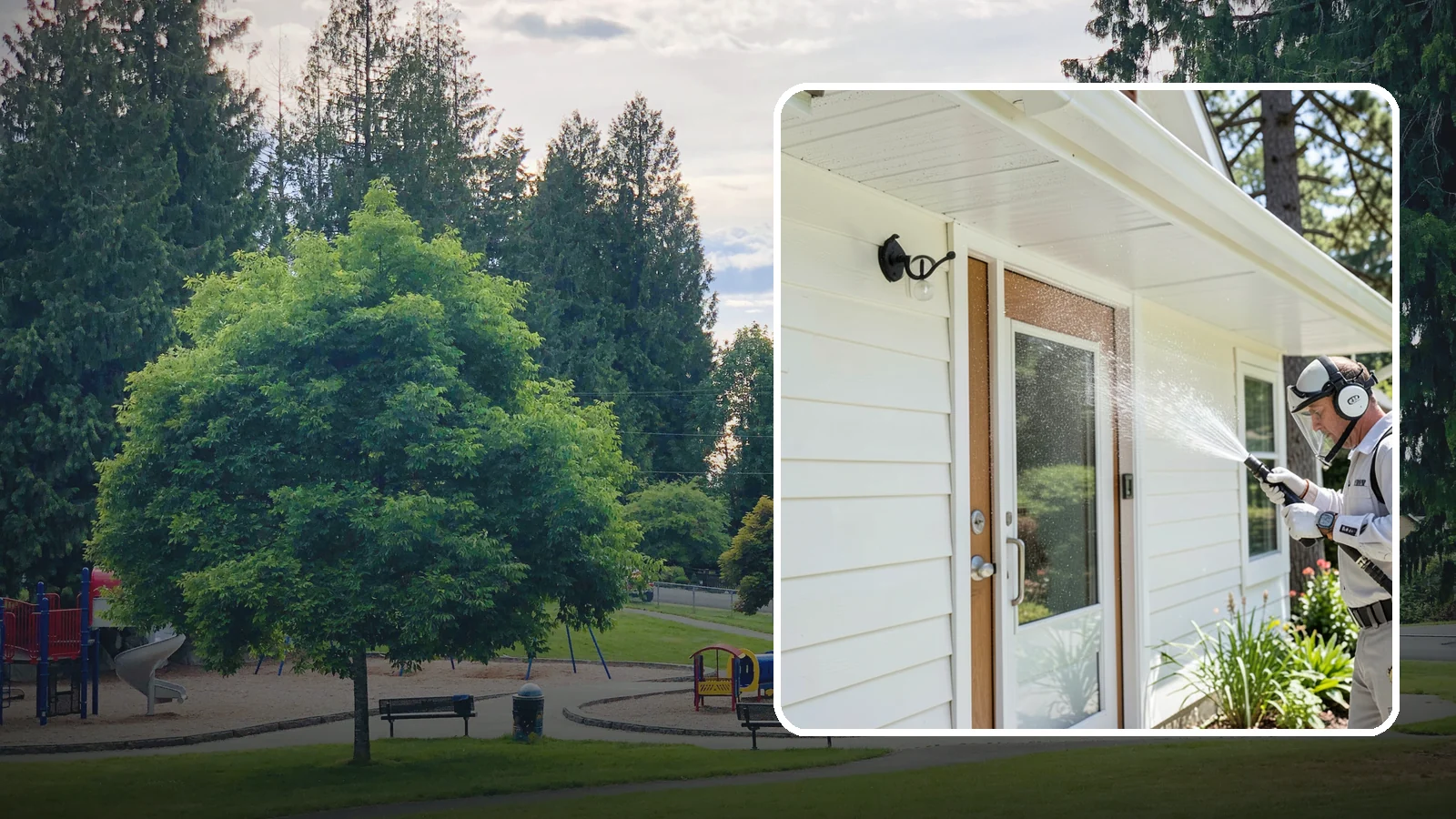 Entrance Canopy Cleaning in Bonney Lake, Pierce County, WA - Overhead cleaning of entrance canopies and porte-cocheres that removes algae streaks, cobwebs, and grime from the first thing...