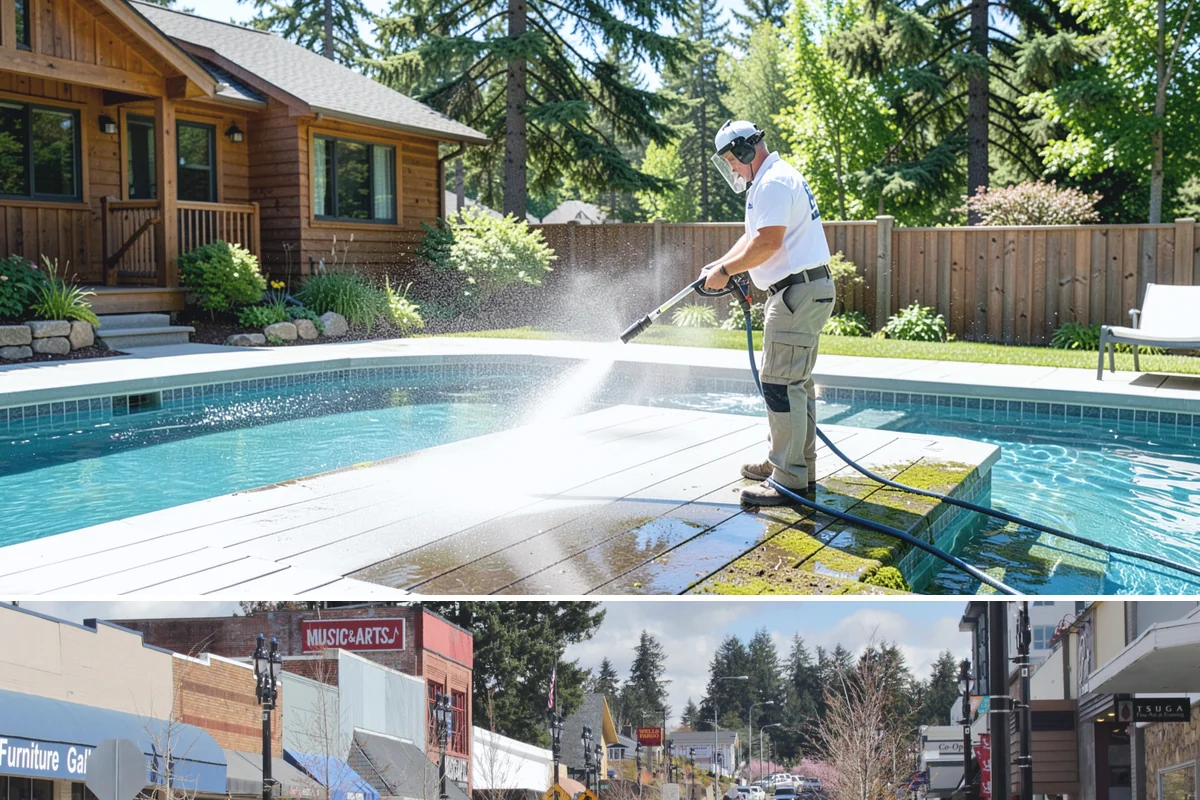 Entrance Canopy Cleaning in Bothell, King County, WA - Spring cleaning clears the algae that accumulates over the wet winter, with a fall touch-up to remove seasonal debris.