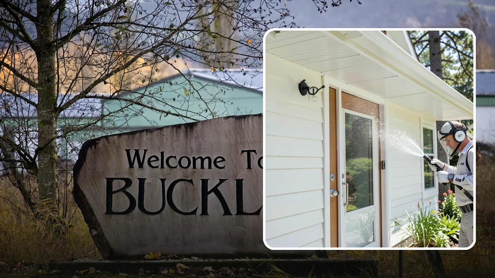 Entrance Canopy Cleaning in Buckley, Pierce County, WA - Overhead cleaning of entrance canopies and porte-cocheres that removes algae streaks, cobwebs, and grime from the first thing...