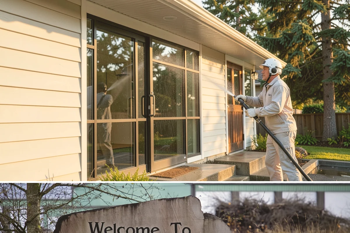 Entrance Canopy Cleaning in Buckley, Pierce County, WA - Spring cleaning clears the algae that accumulates over the wet winter, with a fall touch-up to remove seasonal debris.