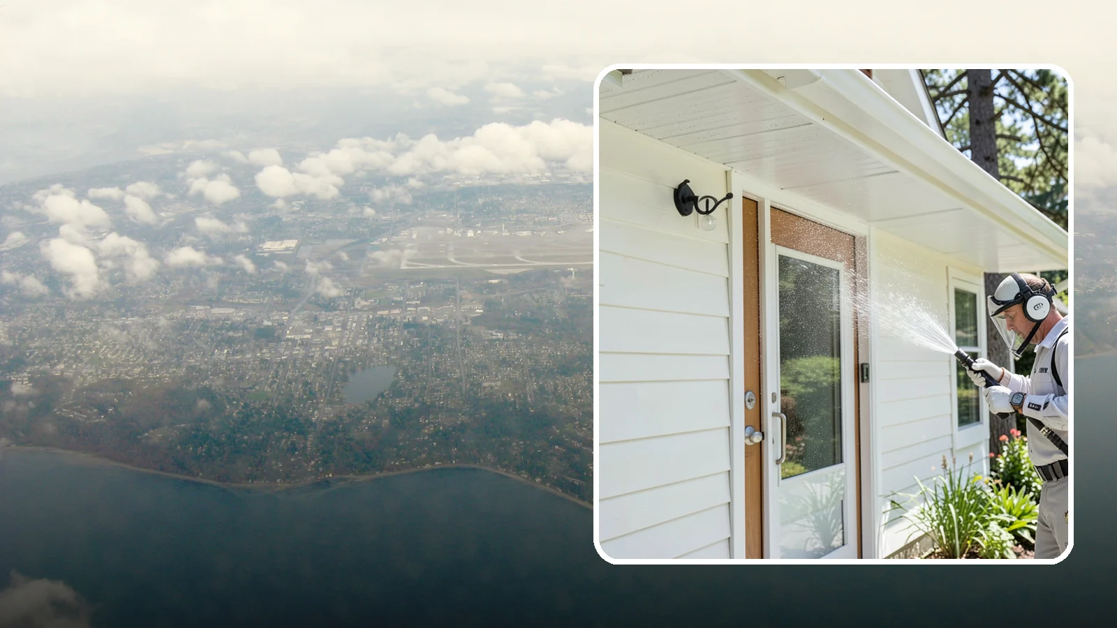 Entrance Canopy Cleaning in Burien, King County, WA - Overhead cleaning of entrance canopies and porte-cocheres that removes algae streaks, cobwebs, and grime from the first thing...