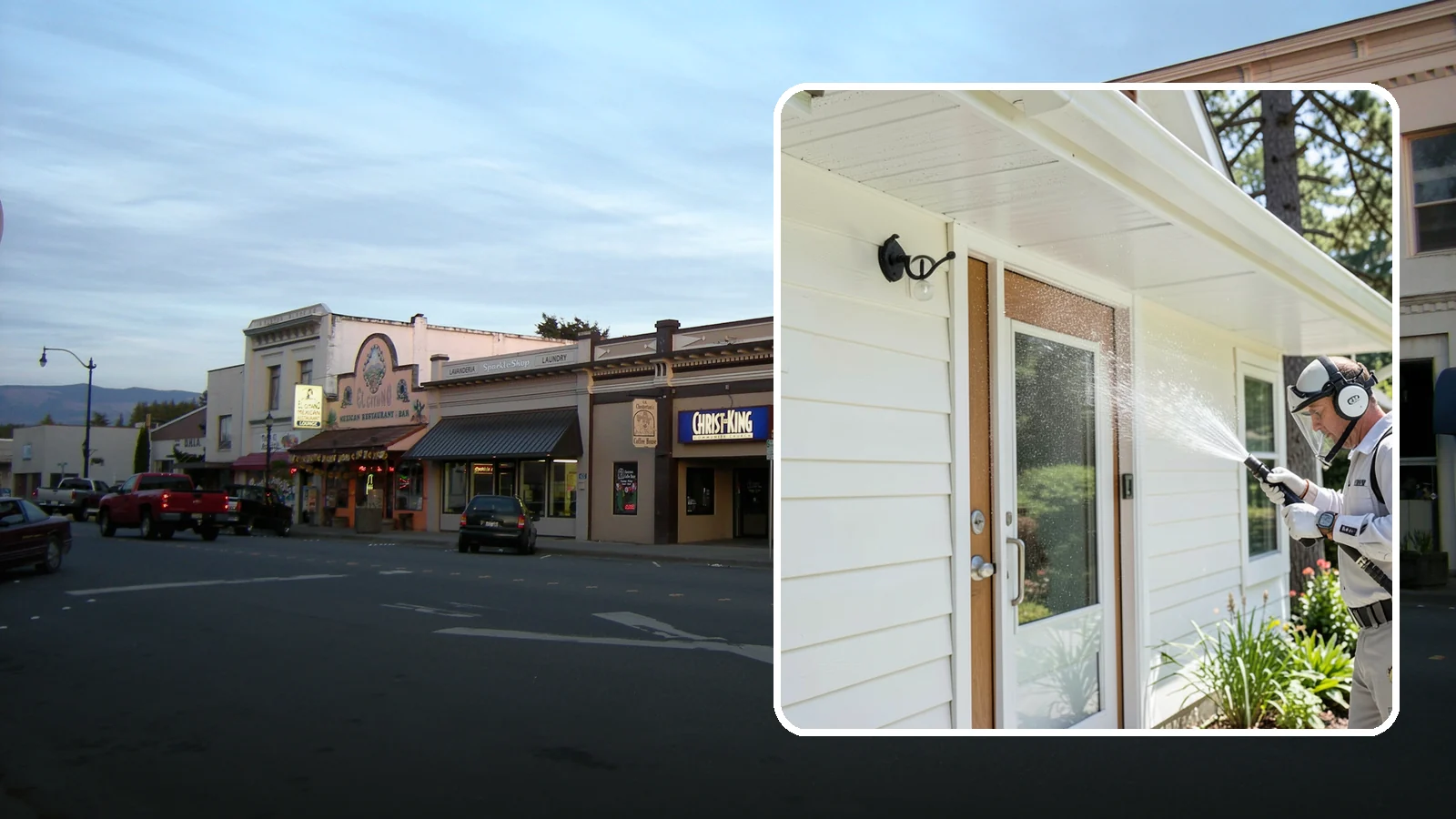 Entrance Canopy Cleaning in Burlington, Skagit County, WA - Overhead cleaning of entrance canopies and porte-cocheres that removes algae streaks, cobwebs, and grime from the first thing...