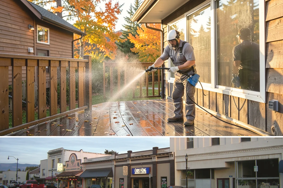 Entrance Canopy Cleaning in Burlington, Skagit County, WA - Spring cleaning clears the algae that accumulates over the wet winter, with a fall touch-up to remove seasonal debris.