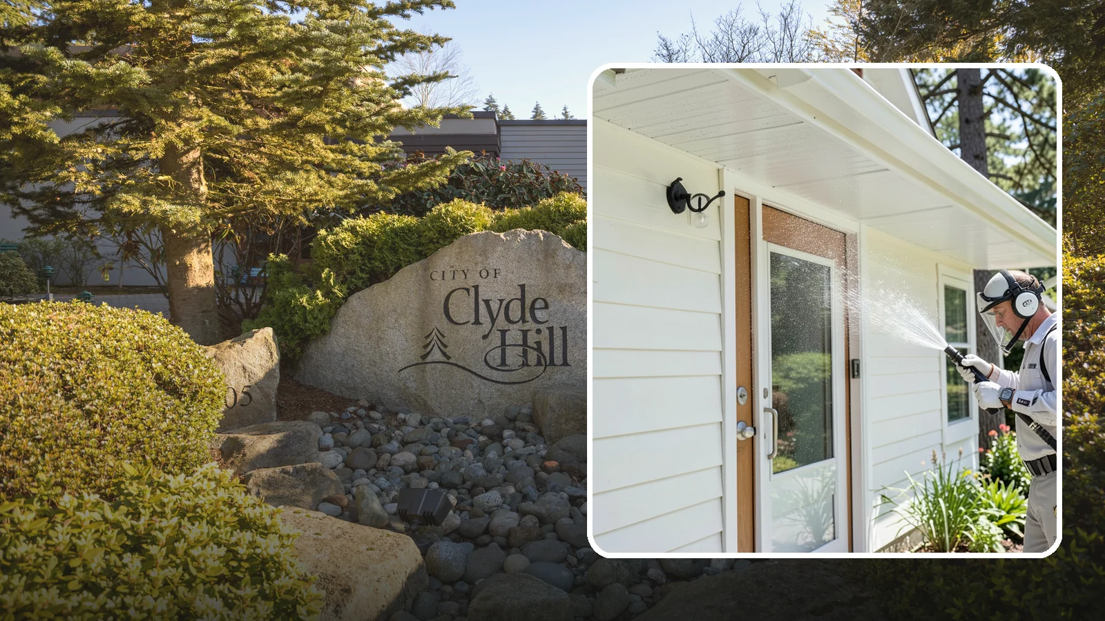 Entrance Canopy Cleaning in Clyde Hill, King County, WA - Overhead cleaning of entrance canopies and porte-cocheres that removes algae streaks, cobwebs, and grime from the first thing...