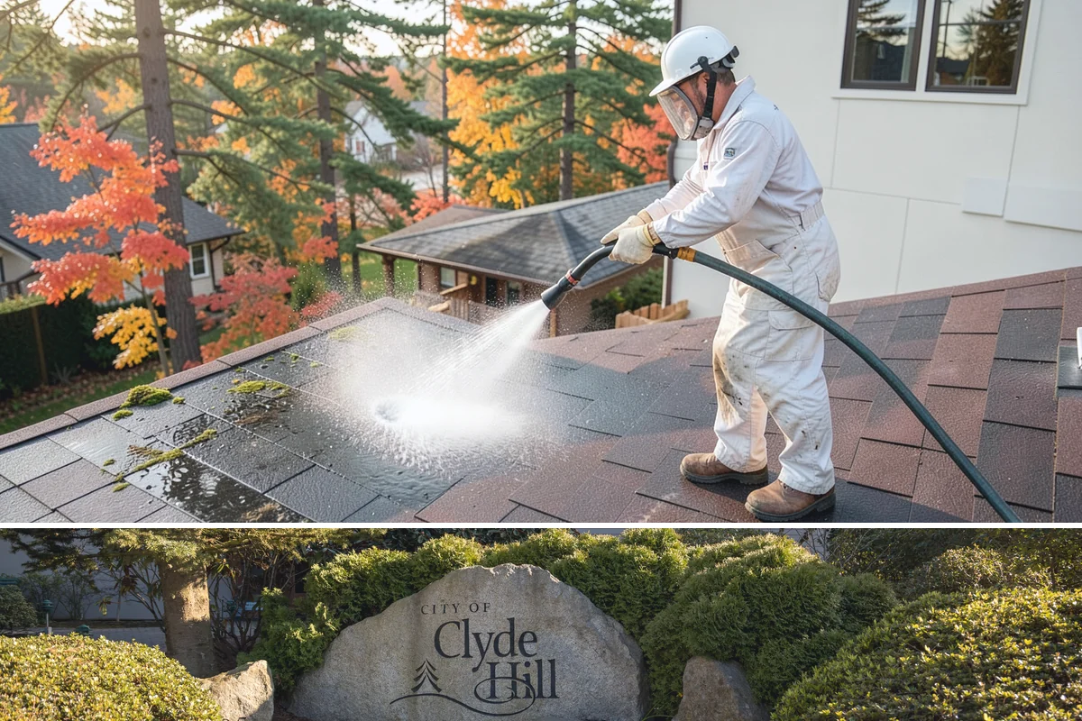 Entrance Canopy Cleaning in Clyde Hill, King County, WA - Spring cleaning clears the algae that accumulates over the wet winter, with a fall touch-up to remove seasonal debris.