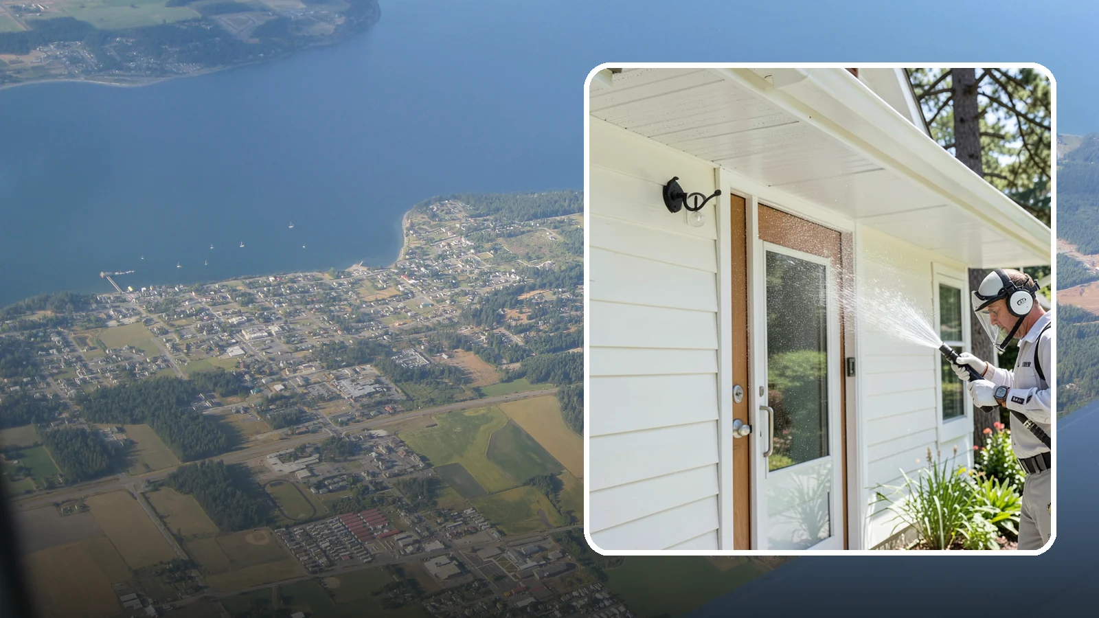 Entrance Canopy Cleaning in Coupeville, Island County, WA - Overhead cleaning of entrance canopies and porte-cocheres that removes algae streaks, cobwebs, and grime from the first thing...