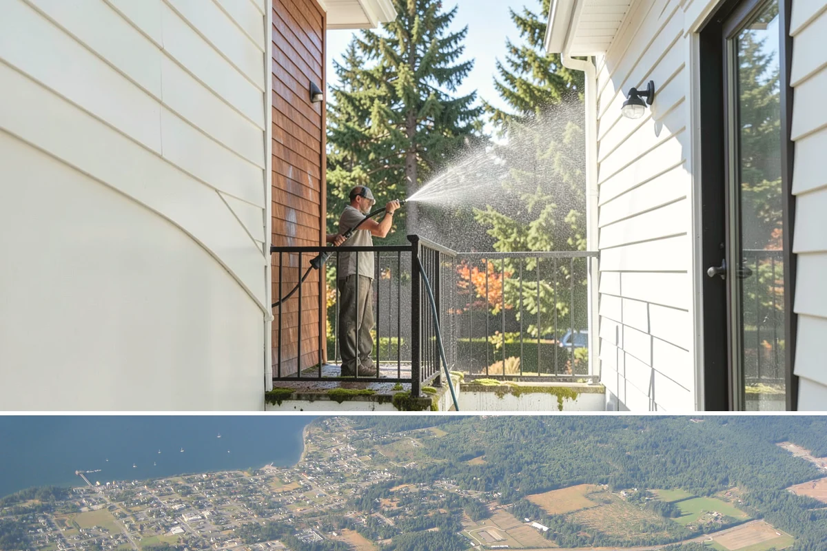 Entrance Canopy Cleaning in Coupeville, Island County, WA - Spring cleaning clears the algae that accumulates over the wet winter, with a fall touch-up to remove seasonal debris.