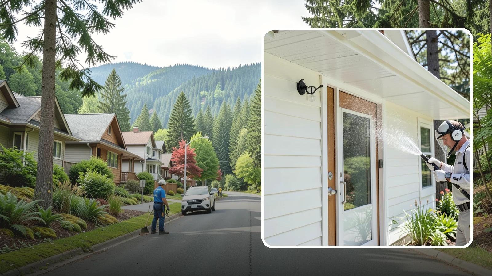 Entrance Canopy Cleaning in Darrington, Snohomish County, WA - Overhead cleaning of entrance canopies and porte-cocheres that removes algae streaks, cobwebs, and grime from the first thing...