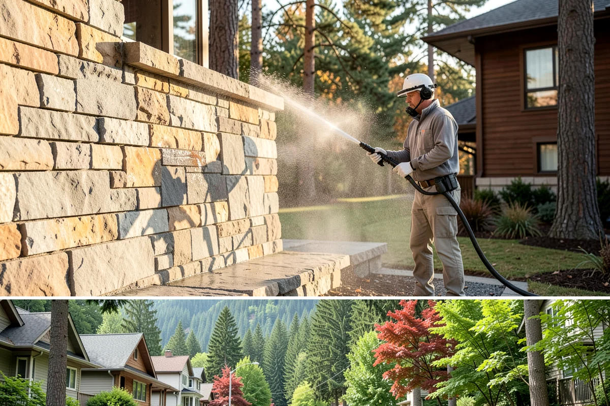 Entrance Canopy Cleaning in Darrington, Snohomish County, WA - Spring cleaning clears the algae that accumulates over the wet winter, with a fall touch-up to remove seasonal debris.