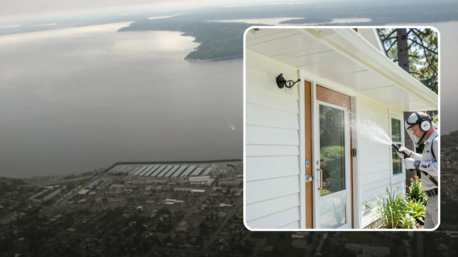 Entrance Canopy Cleaning in Des Moines, King County, WA - Overhead cleaning of entrance canopies and porte-cocheres that removes algae streaks, cobwebs, and grime from the first thing...