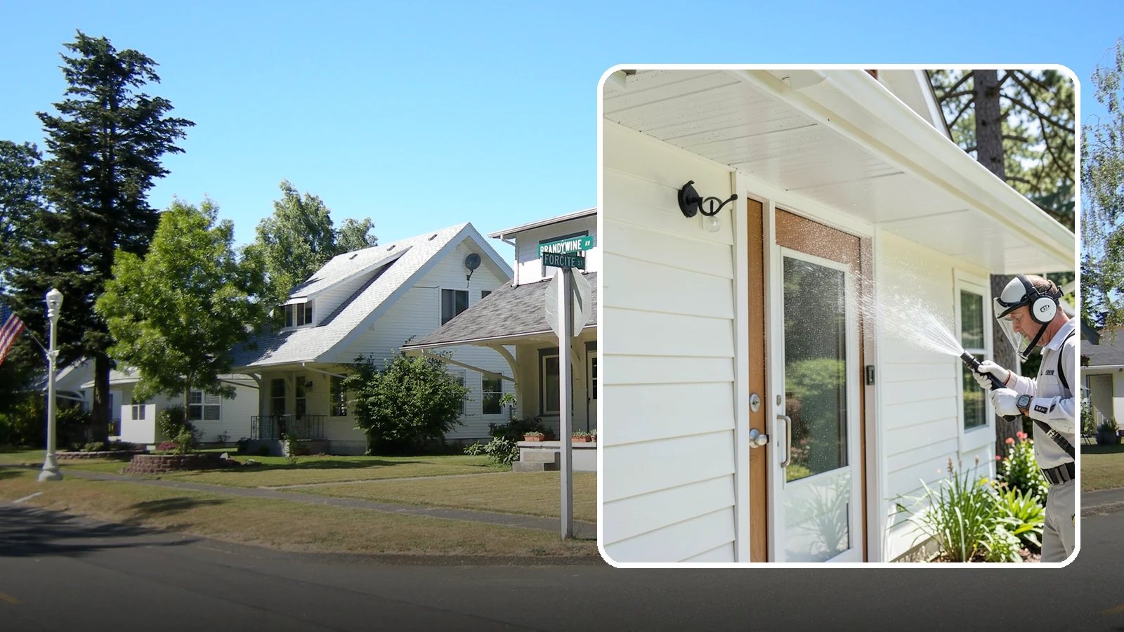 Entrance Canopy Cleaning in DuPont, Pierce County, WA - Overhead cleaning of entrance canopies and porte-cocheres that removes algae streaks, cobwebs, and grime from the first thing...