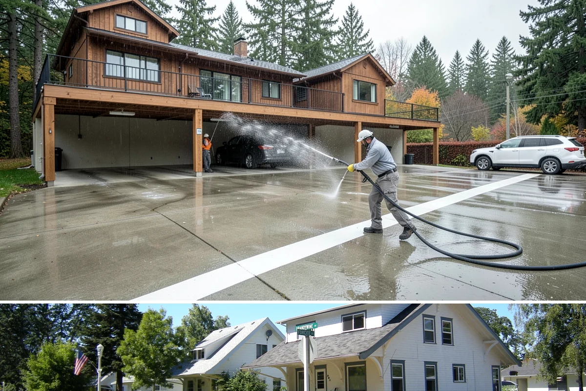 Entrance Canopy Cleaning in DuPont, Pierce County, WA - Spring cleaning clears the algae that accumulates over the wet winter, with a fall touch-up to remove seasonal debris.