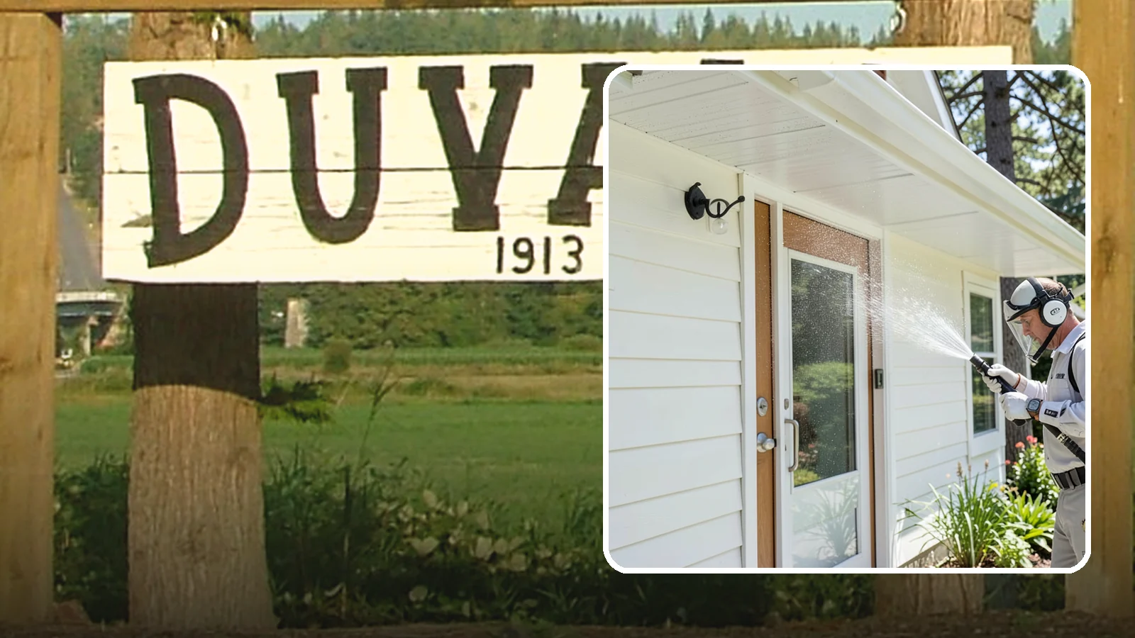 Entrance Canopy Cleaning in Duvall, King County, WA - Overhead cleaning of entrance canopies and porte-cocheres that removes algae streaks, cobwebs, and grime from the first thing...