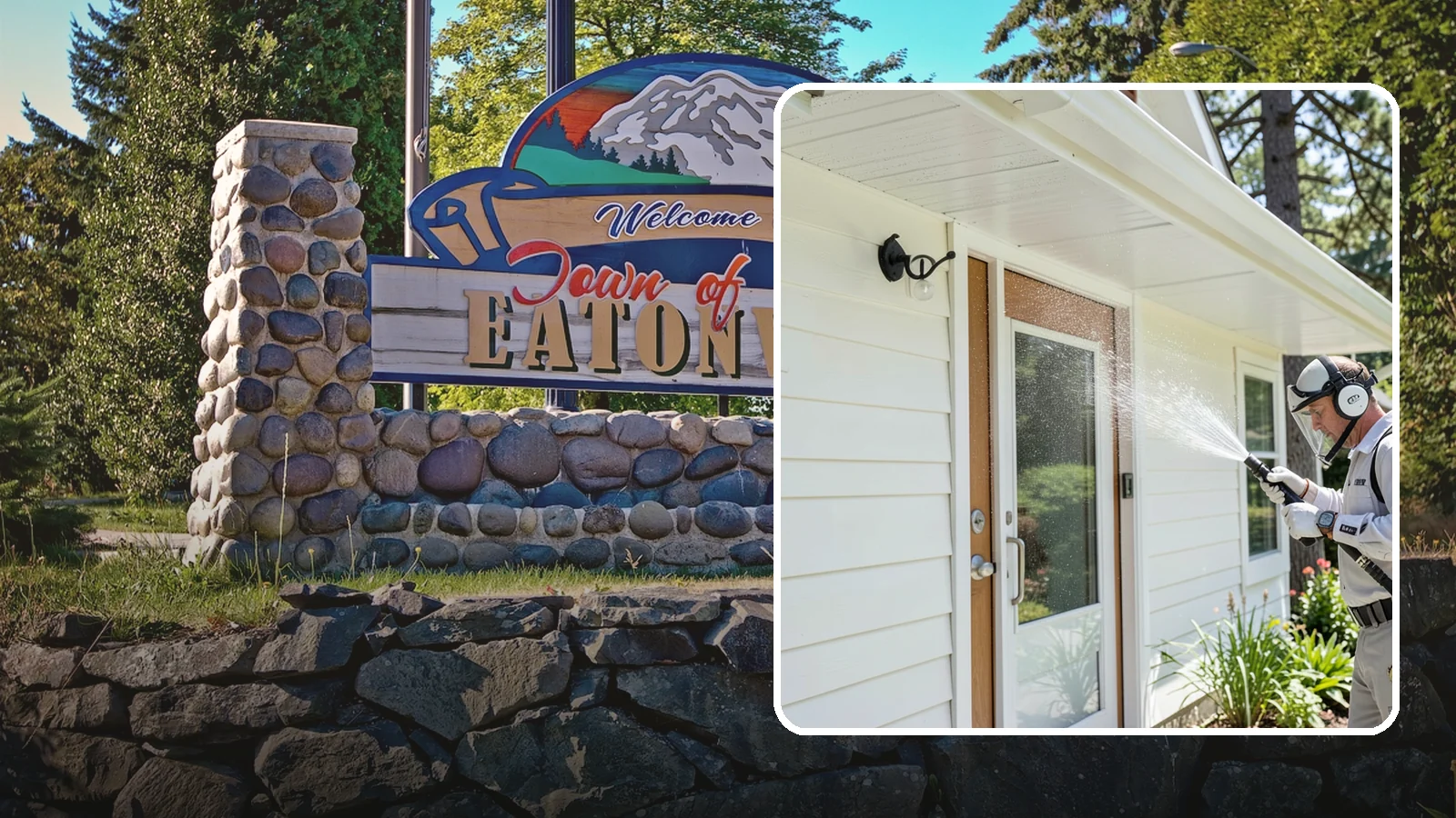 Entrance Canopy Cleaning in Eatonville, Pierce County, WA - Overhead cleaning of entrance canopies and porte-cocheres that removes algae streaks, cobwebs, and grime from the first thing...