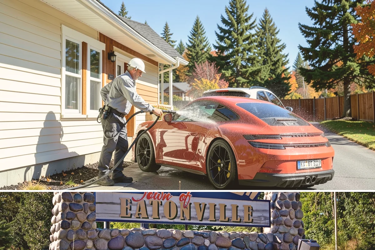 Entrance Canopy Cleaning in Eatonville, Pierce County, WA - Spring cleaning clears the algae that accumulates over the wet winter, with a fall touch-up to remove seasonal debris.