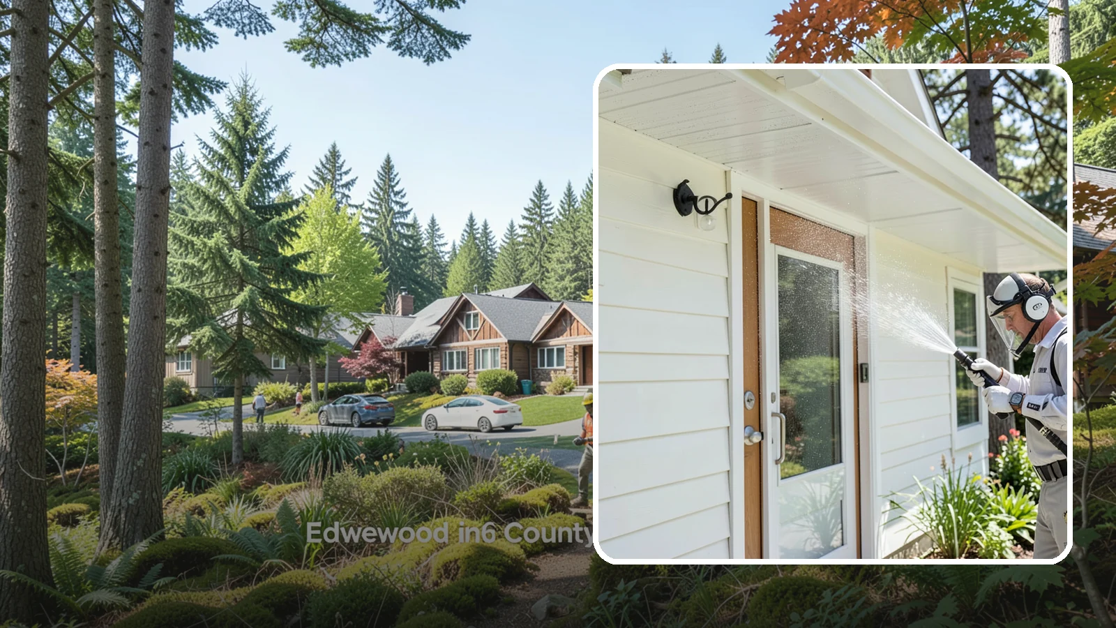 Entrance Canopy Cleaning in Edgewood, Pierce County, WA - Overhead cleaning of entrance canopies and porte-cocheres that removes algae streaks, cobwebs, and grime from the first thing...