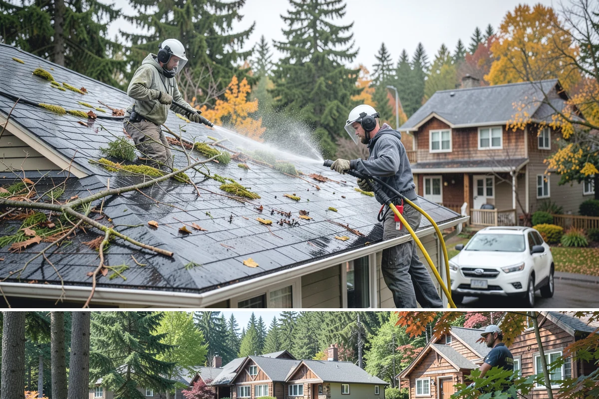 Entrance Canopy Cleaning in Edgewood, Pierce County, WA - Spring cleaning clears the algae that accumulates over the wet winter, with a fall touch-up to remove seasonal debris.