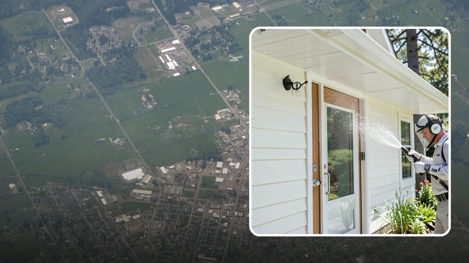 Entrance Canopy Cleaning in Enumclaw, King County, WA - Overhead cleaning of entrance canopies and porte-cocheres that removes algae streaks, cobwebs, and grime from the first thing...