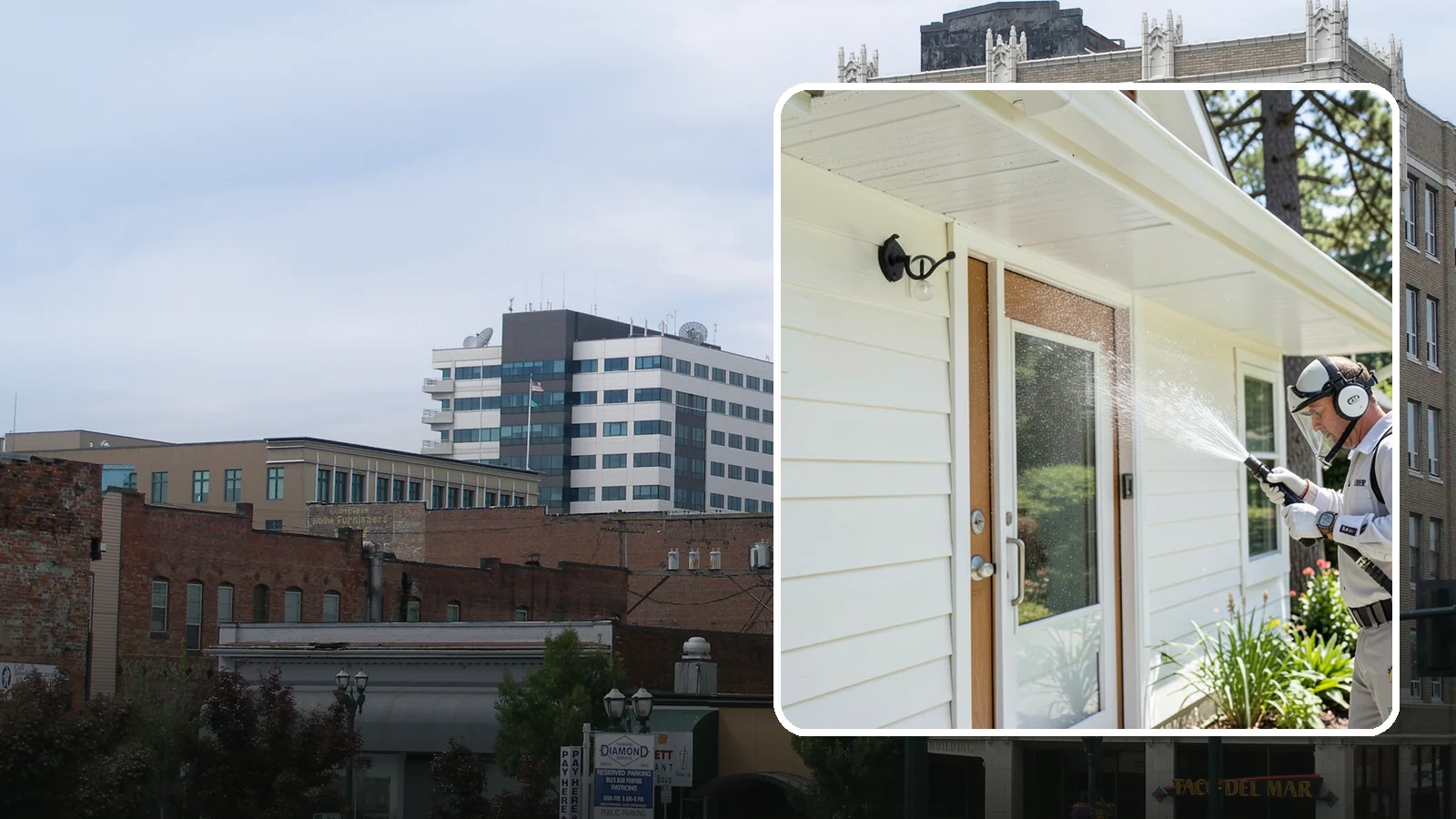 Entrance Canopy Cleaning in Everett, Snohomish County, WA - Overhead cleaning of entrance canopies and porte-cocheres that removes algae streaks, cobwebs, and grime from the first thing...