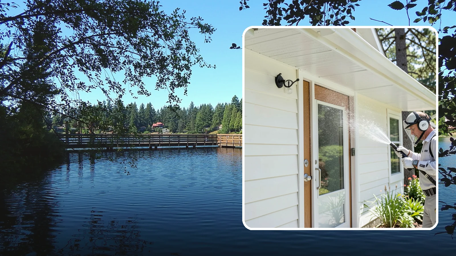 Entrance Canopy Cleaning in Federal Way, King County, WA - Overhead cleaning of entrance canopies and porte-cocheres that removes algae streaks, cobwebs, and grime from the first thing...