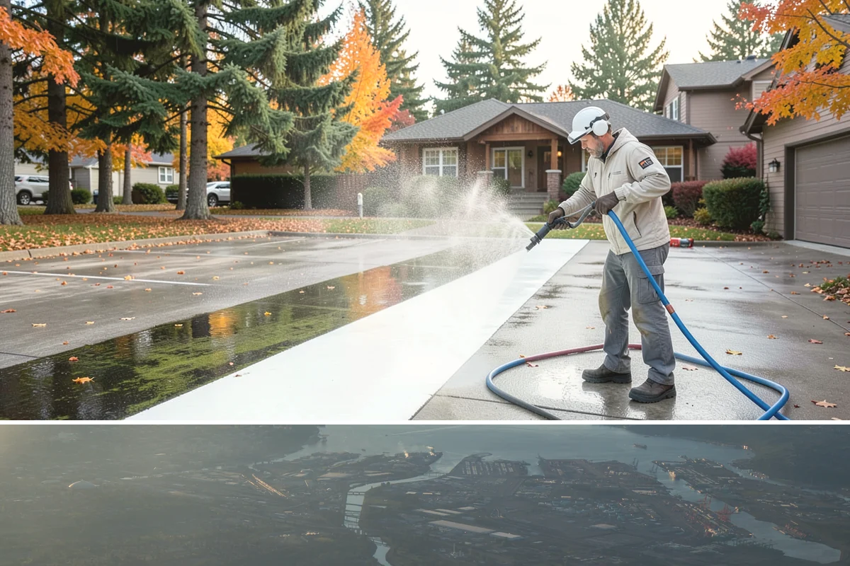 Entrance Canopy Cleaning in Fife, Pierce County, WA - Spring cleaning clears the algae that accumulates over the wet winter, with a fall touch-up to remove seasonal debris.