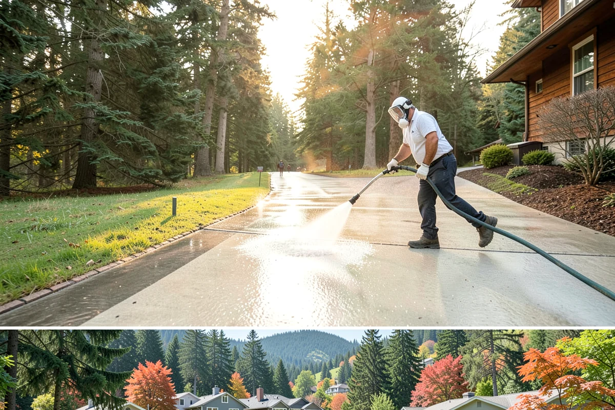 Entrance Canopy Cleaning in Fircrest, Pierce County, WA - Spring cleaning clears the algae that accumulates over the wet winter, with a fall touch-up to remove seasonal debris.