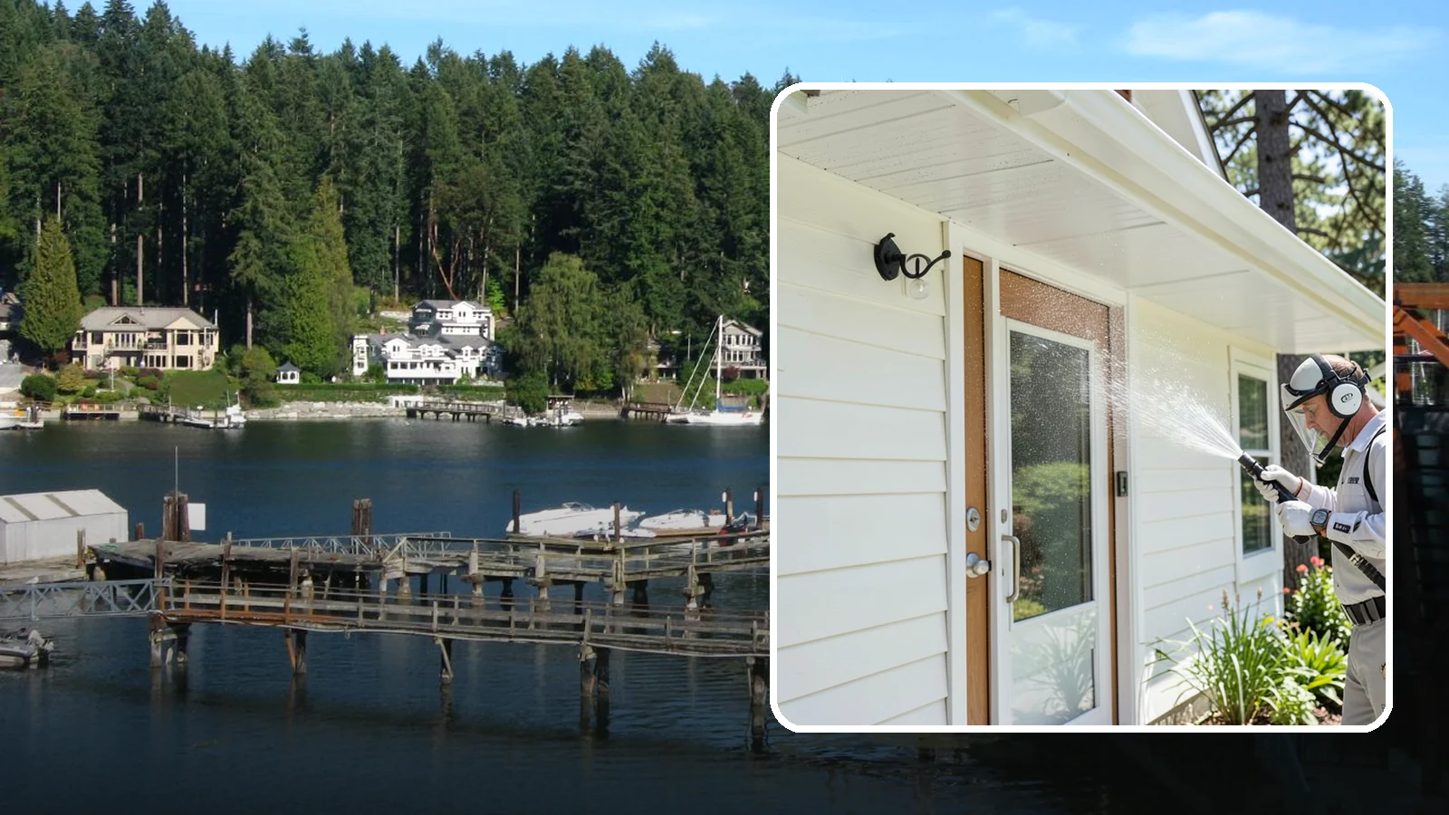 Entrance Canopy Cleaning in Gig Harbor, Pierce County, WA - Overhead cleaning of entrance canopies and porte-cocheres that removes algae streaks, cobwebs, and grime from the first thing...
