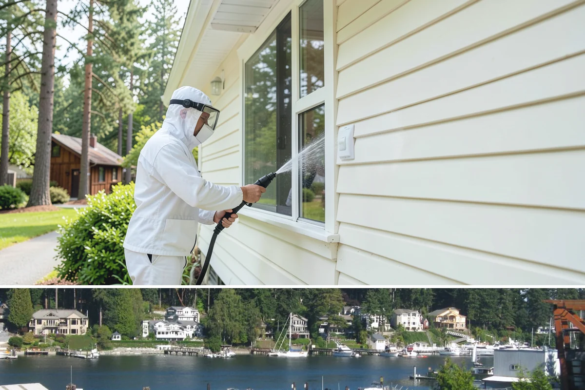 Entrance Canopy Cleaning in Gig Harbor, Pierce County, WA - Spring cleaning clears the algae that accumulates over the wet winter, with a fall touch-up to remove seasonal debris.