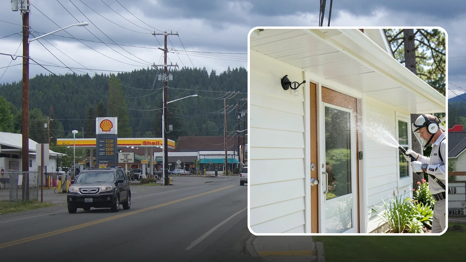 Entrance Canopy Cleaning in Granite Falls, Snohomish County, WA - Overhead cleaning of entrance canopies and porte-cocheres that removes algae streaks, cobwebs, and grime from the first thing...
