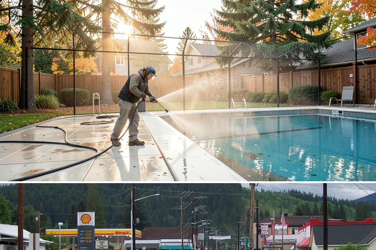 Entrance Canopy Cleaning in Granite Falls, Snohomish County, WA - Spring cleaning clears the algae that accumulates over the wet winter, with a fall touch-up to remove seasonal debris.