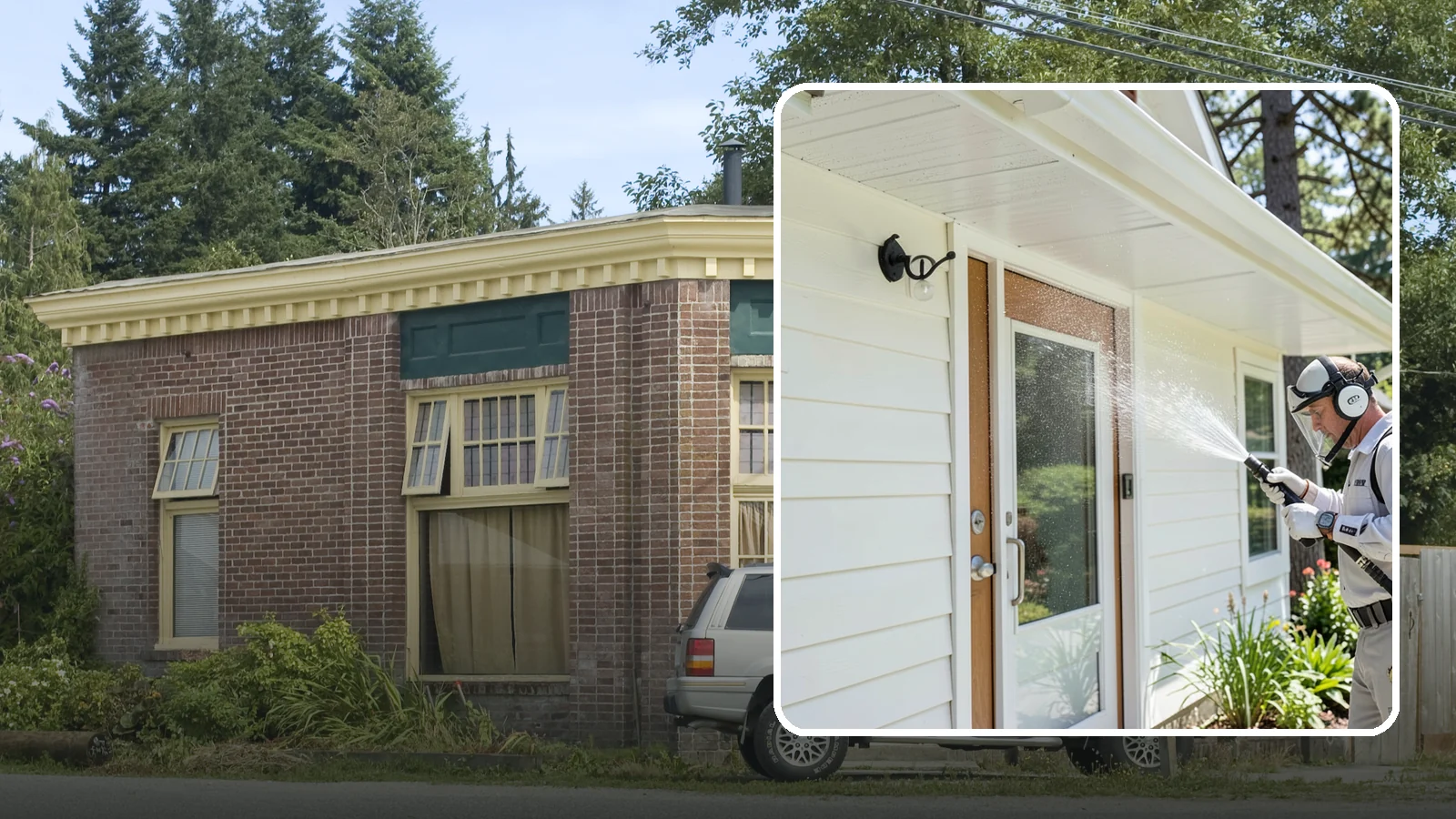 Entrance Canopy Cleaning in Hamilton, Skagit County, WA - Overhead cleaning of entrance canopies and porte-cocheres that removes algae streaks, cobwebs, and grime from the first thing...