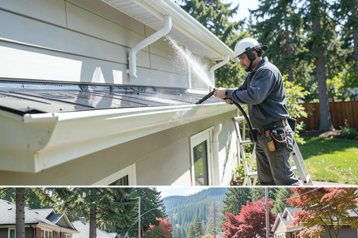 Entrance Canopy Cleaning in Hunts Point, King County, WA - Spring cleaning clears the algae that accumulates over the wet winter, with a fall touch-up to remove seasonal debris.