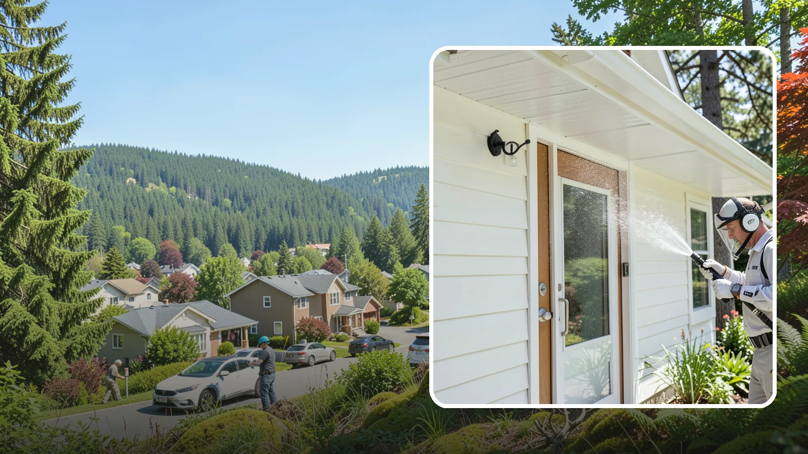 Entrance Canopy Cleaning in Index, Snohomish County, WA - Overhead cleaning of entrance canopies and porte-cocheres that removes algae streaks, cobwebs, and grime from the first thing...