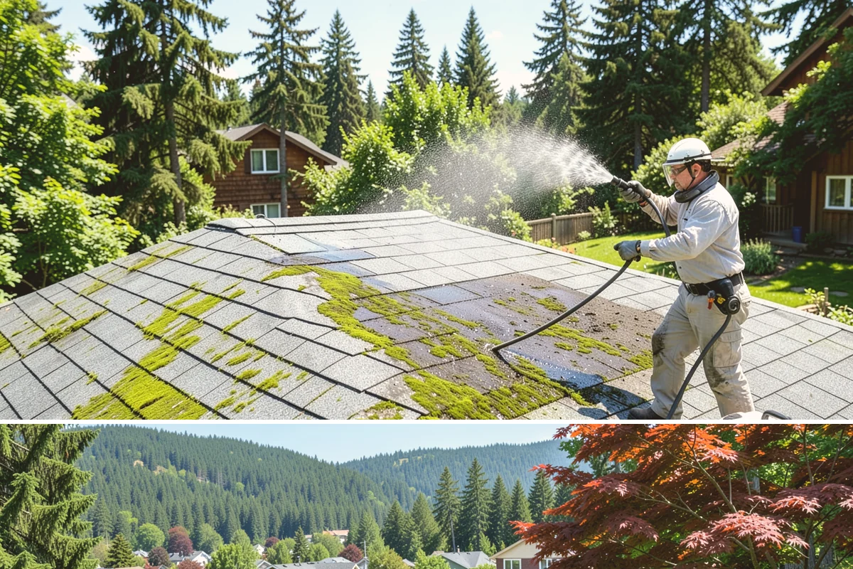 Entrance Canopy Cleaning in Index, Snohomish County, WA - Spring cleaning clears the algae that accumulates over the wet winter, with a fall touch-up to remove seasonal debris.