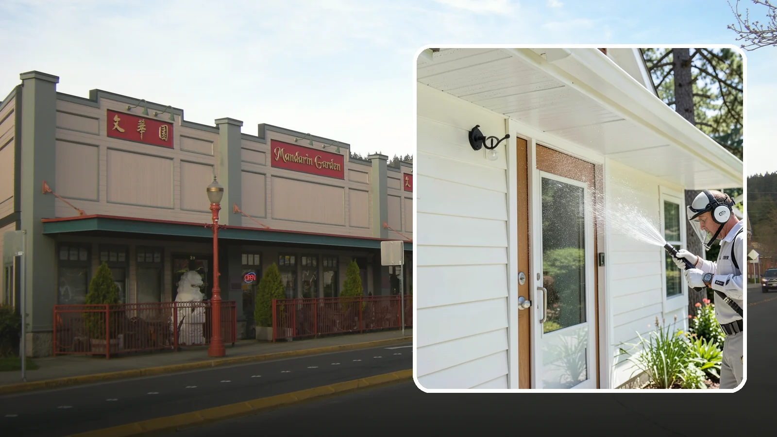 Entrance Canopy Cleaning in Issaquah, King County, WA - Overhead cleaning of entrance canopies and porte-cocheres that removes algae streaks, cobwebs, and grime from the first thing...