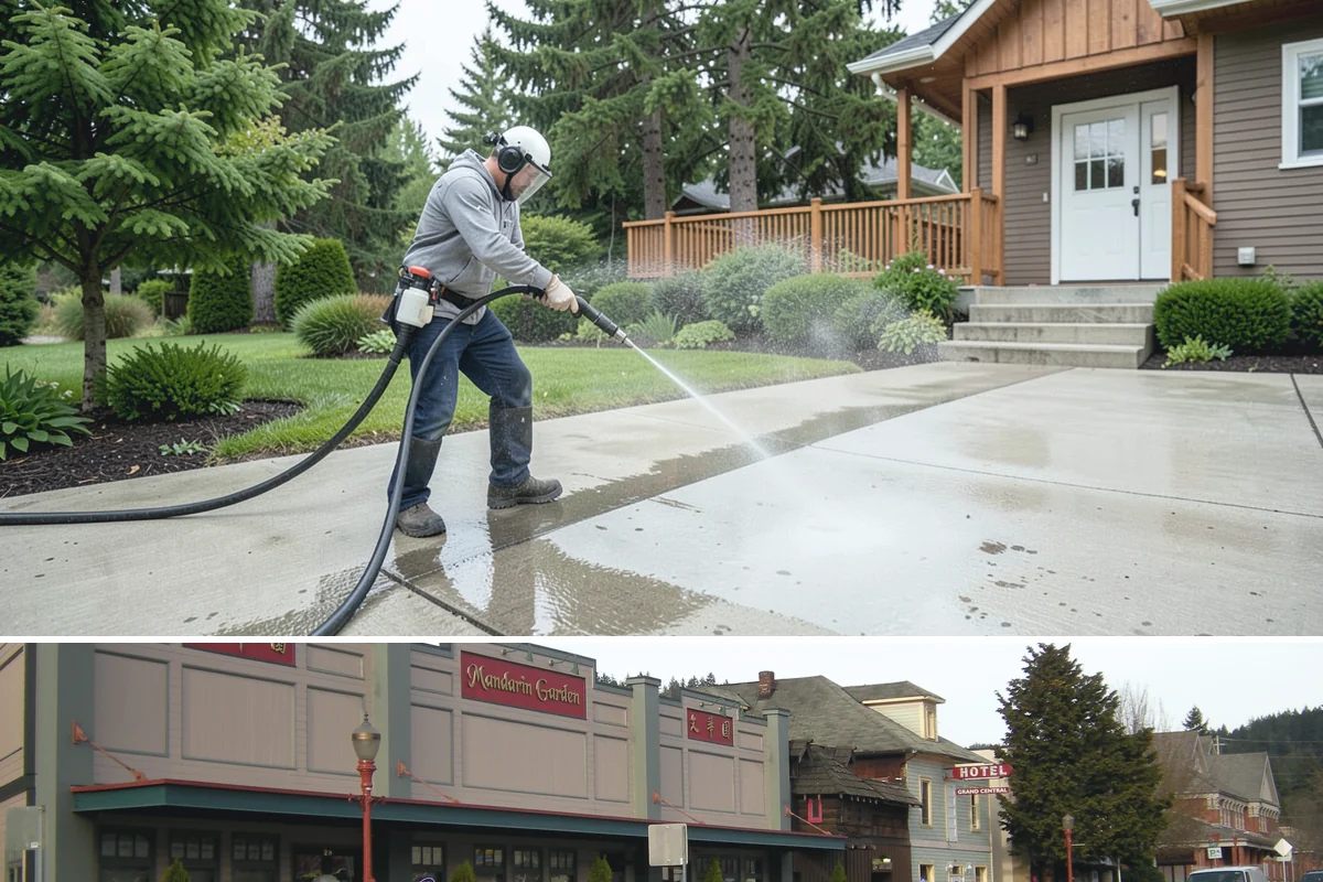 Entrance Canopy Cleaning in Issaquah, King County, WA - Spring cleaning clears the algae that accumulates over the wet winter, with a fall touch-up to remove seasonal debris.