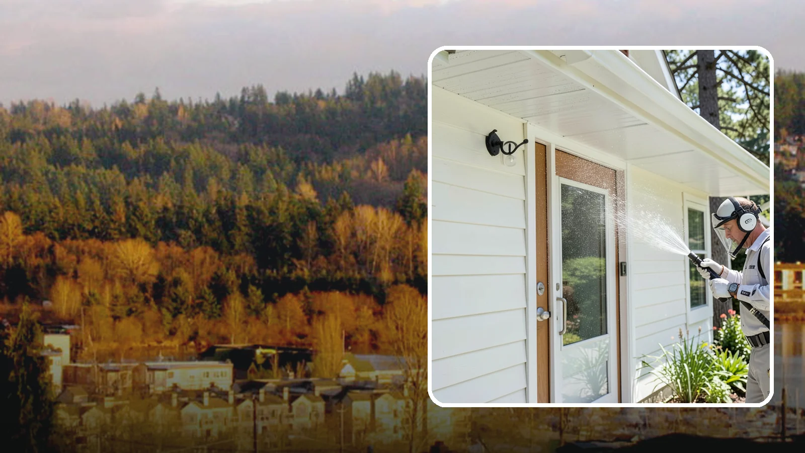 Entrance Canopy Cleaning in Kenmore, King County, WA - Overhead cleaning of entrance canopies and porte-cocheres that removes algae streaks, cobwebs, and grime from the first thing...