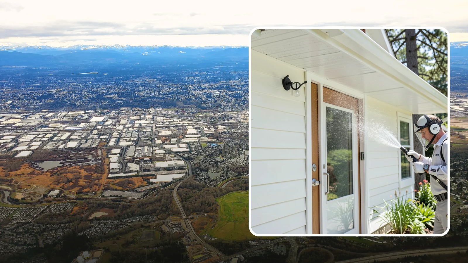 Entrance Canopy Cleaning in Kent, King County, WA - Overhead cleaning of entrance canopies and porte-cocheres that removes algae streaks, cobwebs, and grime from the first thing...