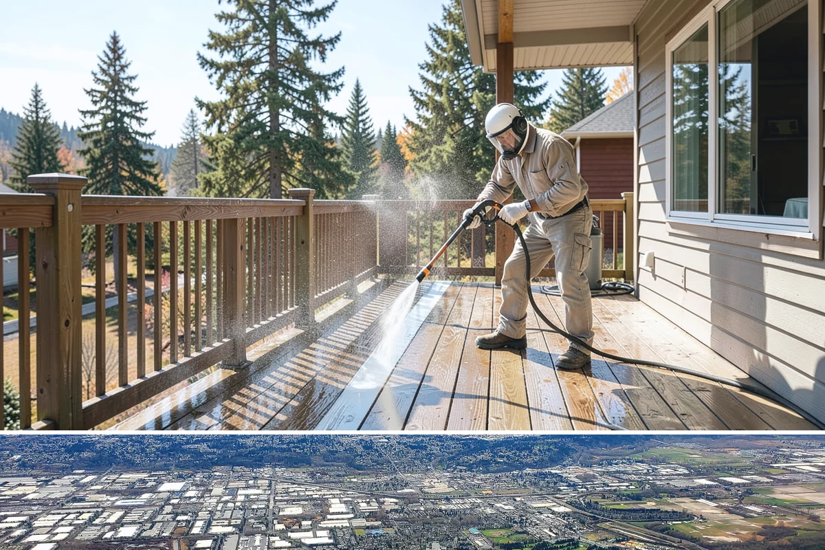 Entrance Canopy Cleaning in Kent, King County, WA - Spring cleaning clears the algae that accumulates over the wet winter, with a fall touch-up to remove seasonal debris.