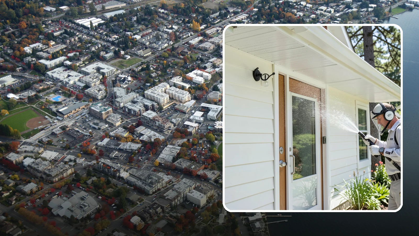 Entrance Canopy Cleaning in Kirkland, King County, WA - Overhead cleaning of entrance canopies and porte-cocheres that removes algae streaks, cobwebs, and grime from the first thing...