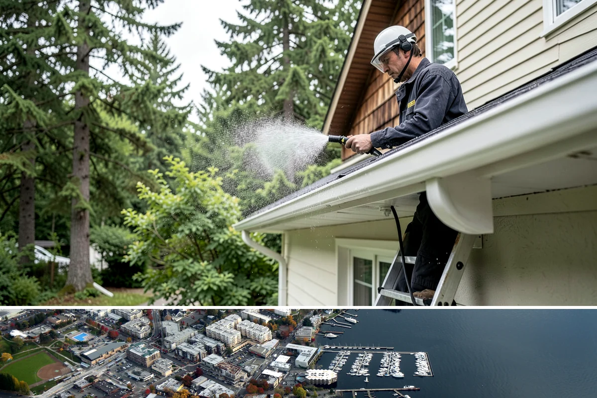 Entrance Canopy Cleaning in Kirkland, King County, WA - Spring cleaning clears the algae that accumulates over the wet winter, with a fall touch-up to remove seasonal debris.