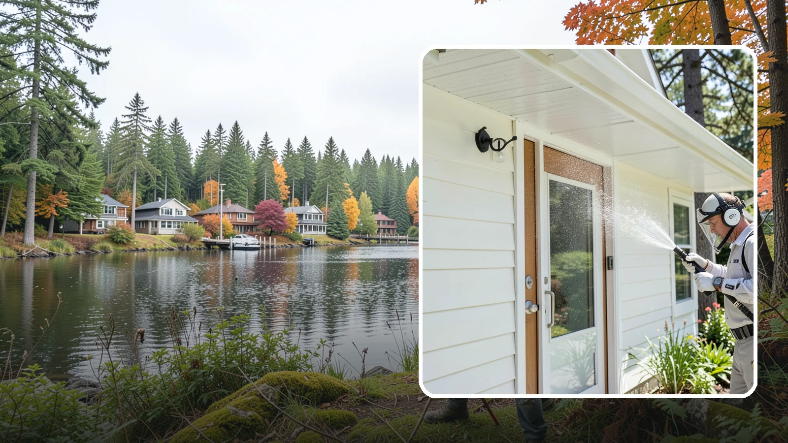 Entrance Canopy Cleaning in La Conner, Skagit County, WA - Overhead cleaning of entrance canopies and porte-cocheres that removes algae streaks, cobwebs, and grime from the first thing...