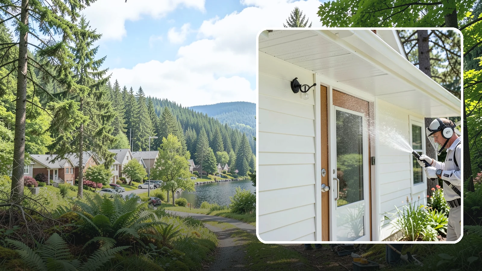 Entrance Canopy Cleaning in Lake Forest Park, King County, WA - Overhead cleaning of entrance canopies and porte-cocheres that removes algae streaks, cobwebs, and grime from the first thing...