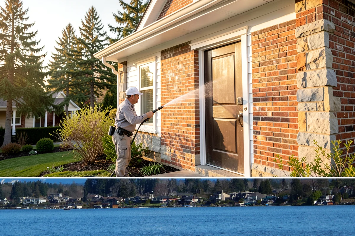 Entrance Canopy Cleaning in Lake Stevens, Snohomish County, WA - Spring cleaning clears the algae that accumulates over the wet winter, with a fall touch-up to remove seasonal debris.