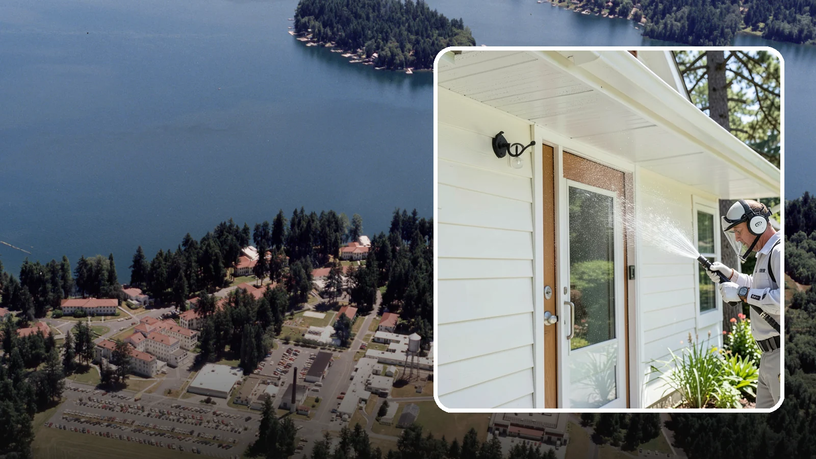 Entrance Canopy Cleaning in Lakewood, Pierce County, WA - Overhead cleaning of entrance canopies and porte-cocheres that removes algae streaks, cobwebs, and grime from the first thing...