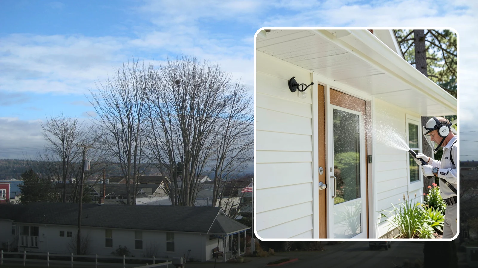 Entrance Canopy Cleaning in Langley, Island County, WA - Overhead cleaning of entrance canopies and porte-cocheres that removes algae streaks, cobwebs, and grime from the first thing...