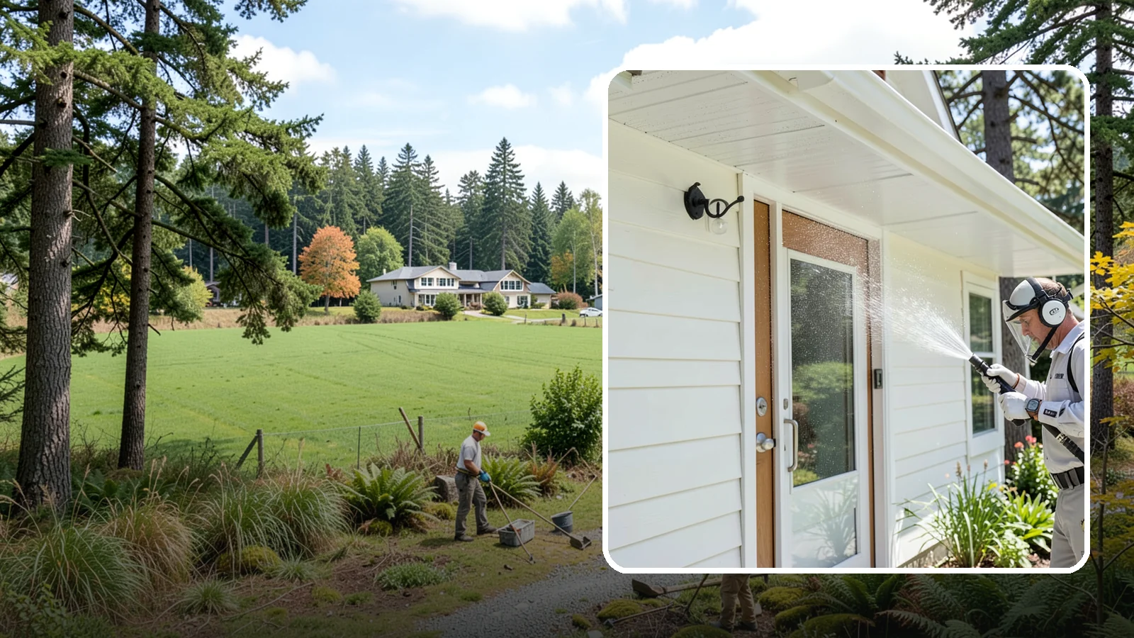 Entrance Canopy Cleaning in Lyman, Skagit County, WA - Overhead cleaning of entrance canopies and porte-cocheres that removes algae streaks, cobwebs, and grime from the first thing...