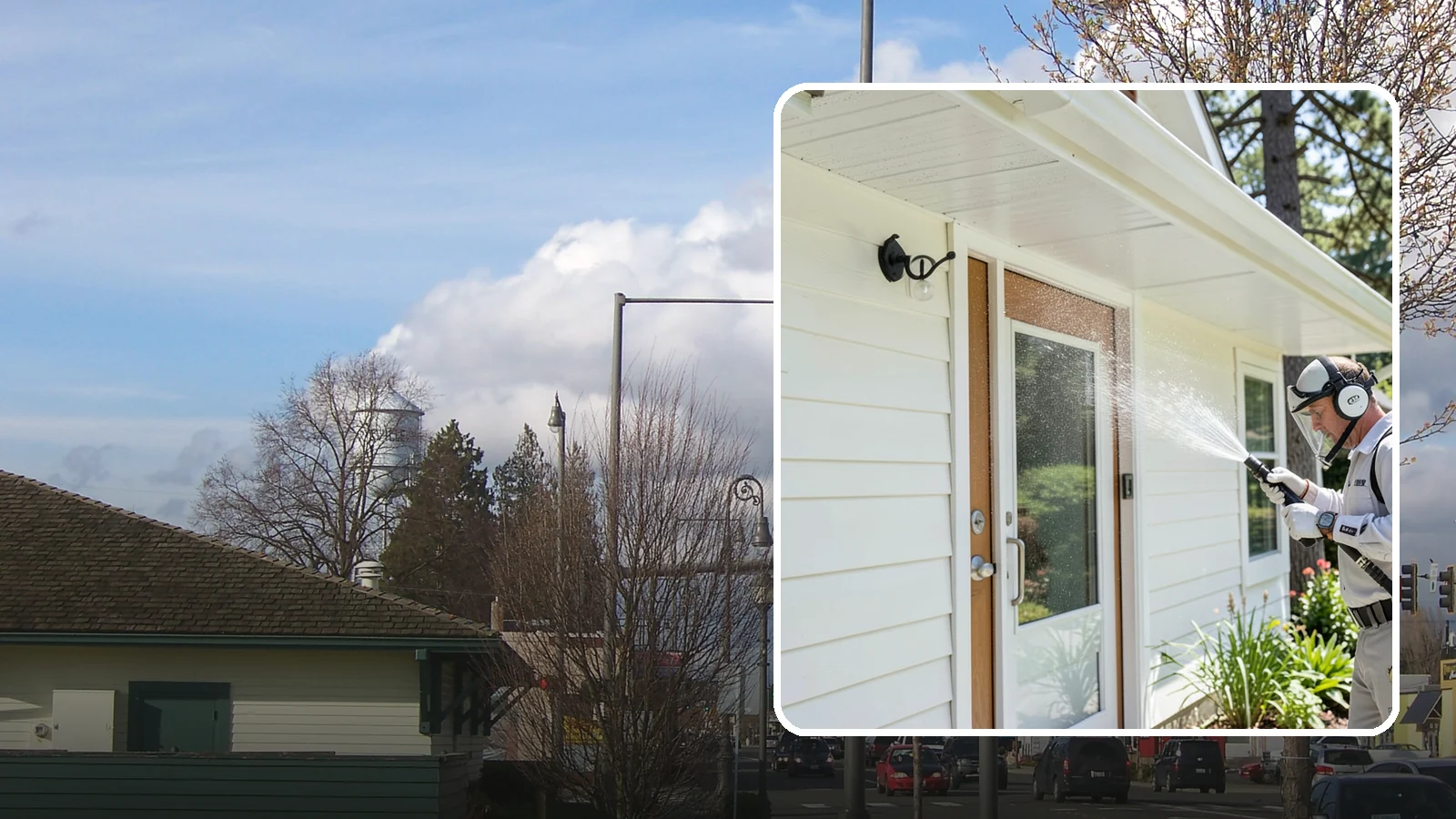 Entrance Canopy Cleaning in Marysville, Snohomish County, WA - Overhead cleaning of entrance canopies and porte-cocheres that removes algae streaks, cobwebs, and grime from the first thing...