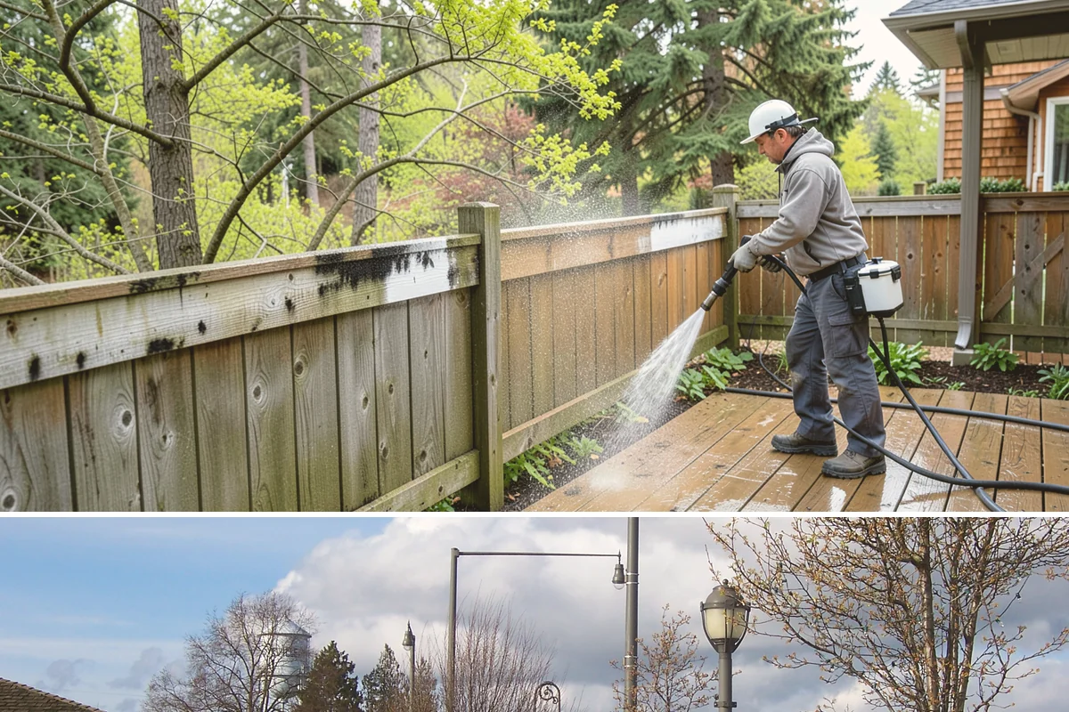 Entrance Canopy Cleaning in Marysville, Snohomish County, WA - Spring cleaning clears the algae that accumulates over the wet winter, with a fall touch-up to remove seasonal debris.